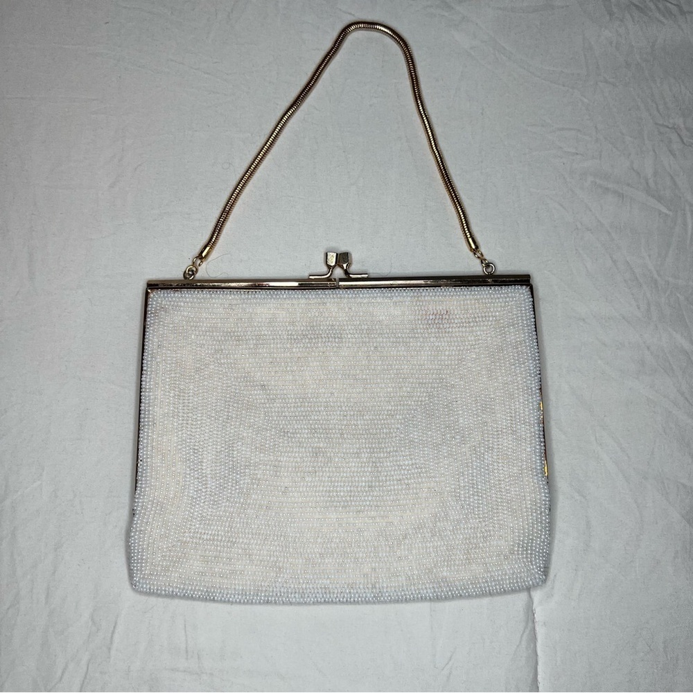 Vintage White and Gold Hand Beaded Evening Bag Gold Handle & Frame Made In Japan